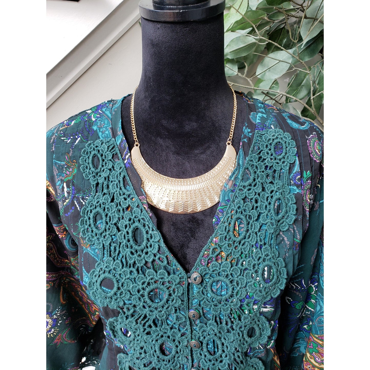 Denim 24/7 Tunic Top Womens 20W Green Paisley Lace Trim 3/4 Sleeve Button Front