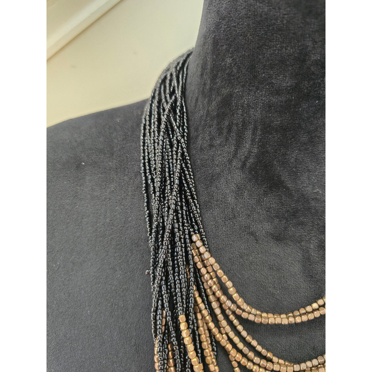 Black & Bronze Multi Strand Beaded Layered Statement Necklace