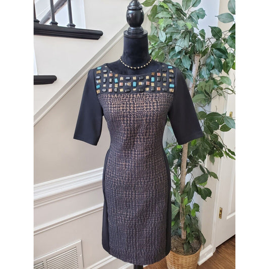Adrienne Vittadini Womens Black Round Neck Short Sleeve Knee Length Dress Size 4