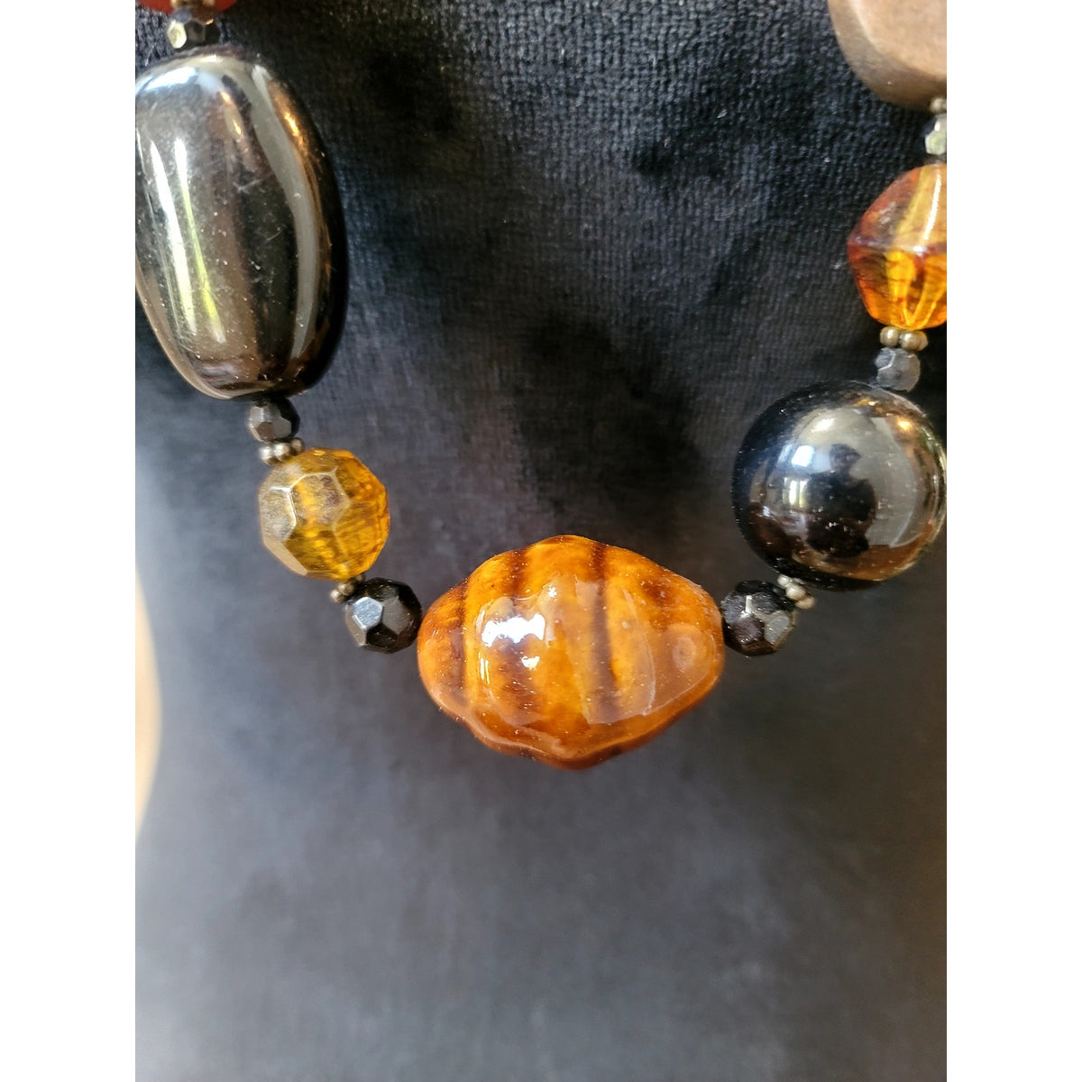 Artisan Mixed Bead Statement Necklace Black Amber Brown Gold Tone Boho Chic