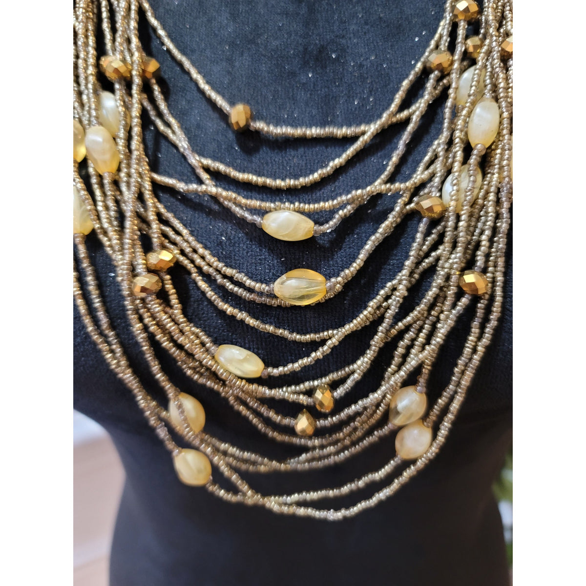 Vintage Gold Multi Strand Beaded Statement Necklace Boho Layered Retro Women's