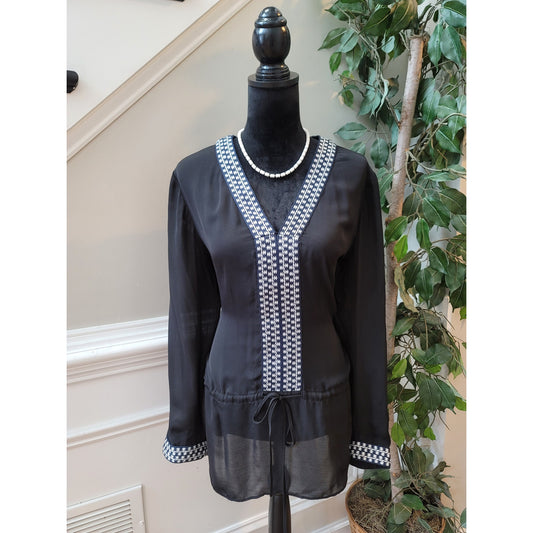 Premise Studio Tunic Blouse Women's Large Black White Long Sleeve Sheer Top