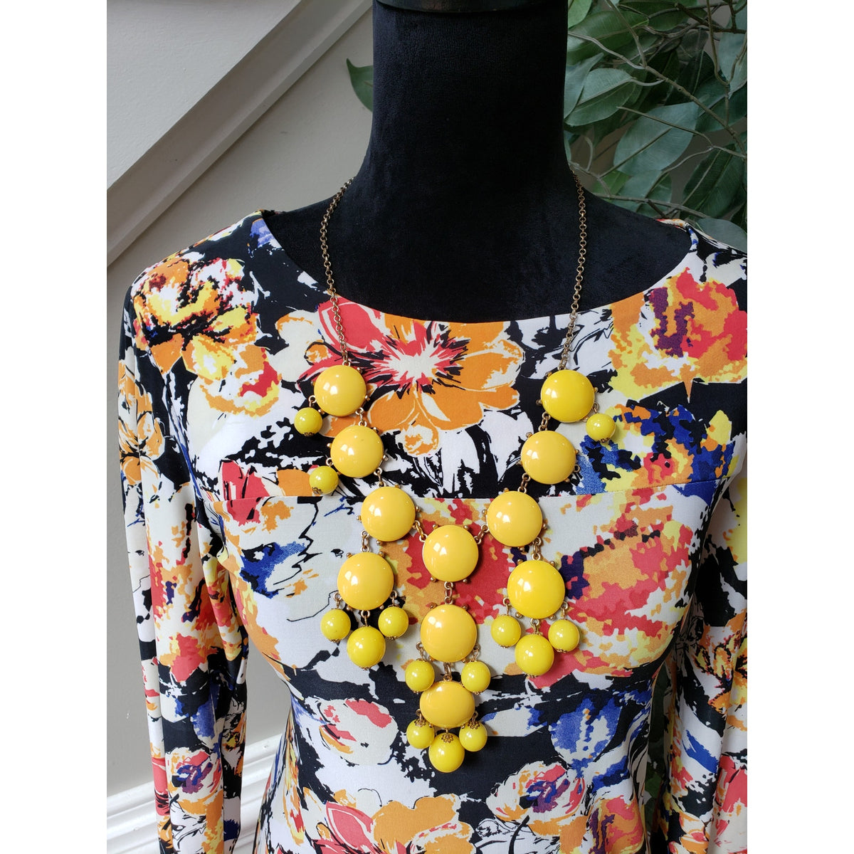 Womens Knee Length Dress S Multi Geometric Print Long Sleeve Round Neck Pullover