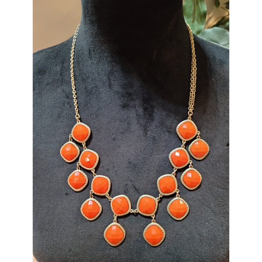 Women's Gold Chain Statement Necklace With Orange Gemstones And Lobster Clasp