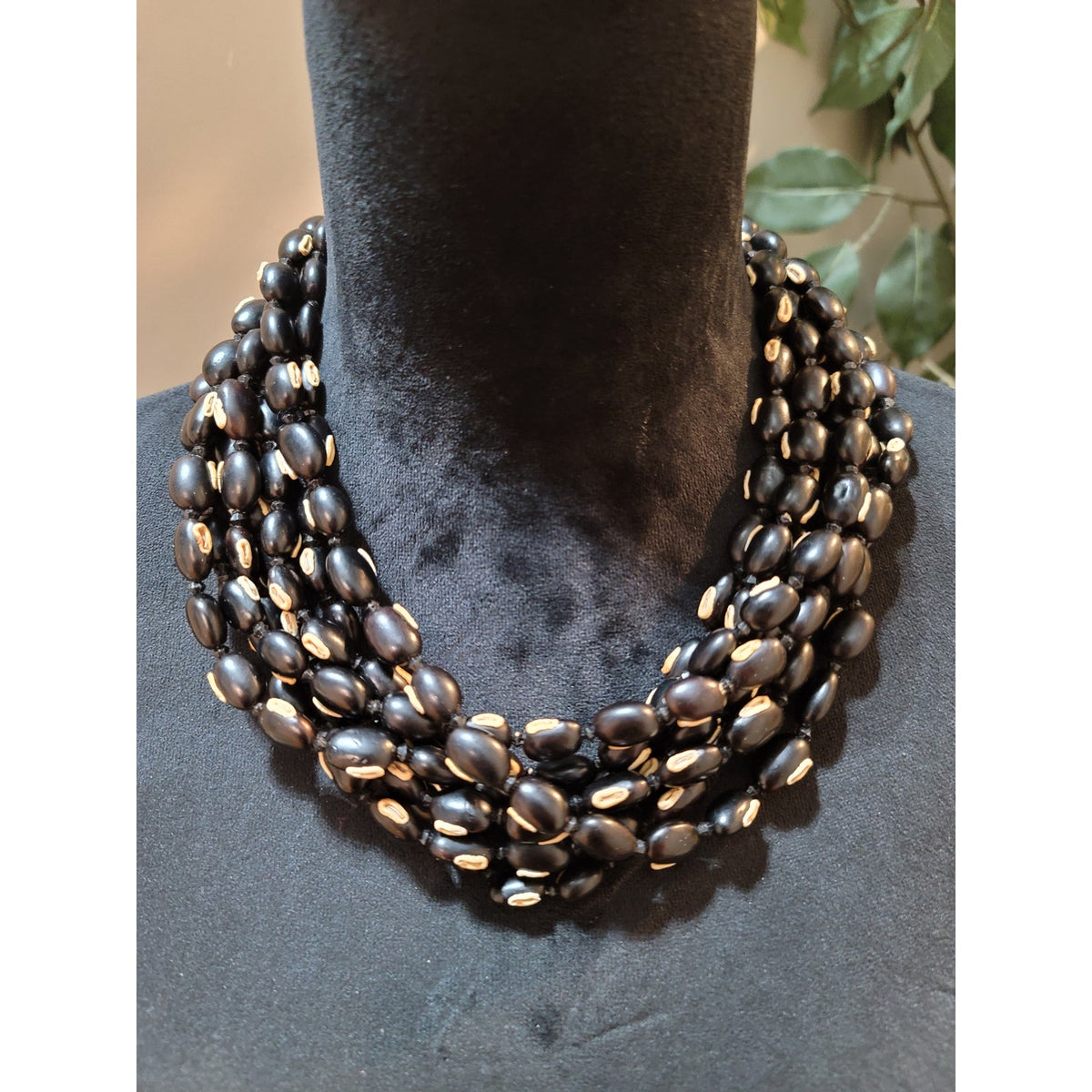 Women's Multi Strand Black Seed Bead Necklace With Loop Button Closure
