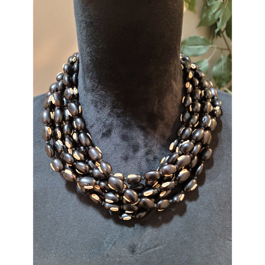 Women's Multi Strand Black Seed Bead Necklace With Loop Button Closure