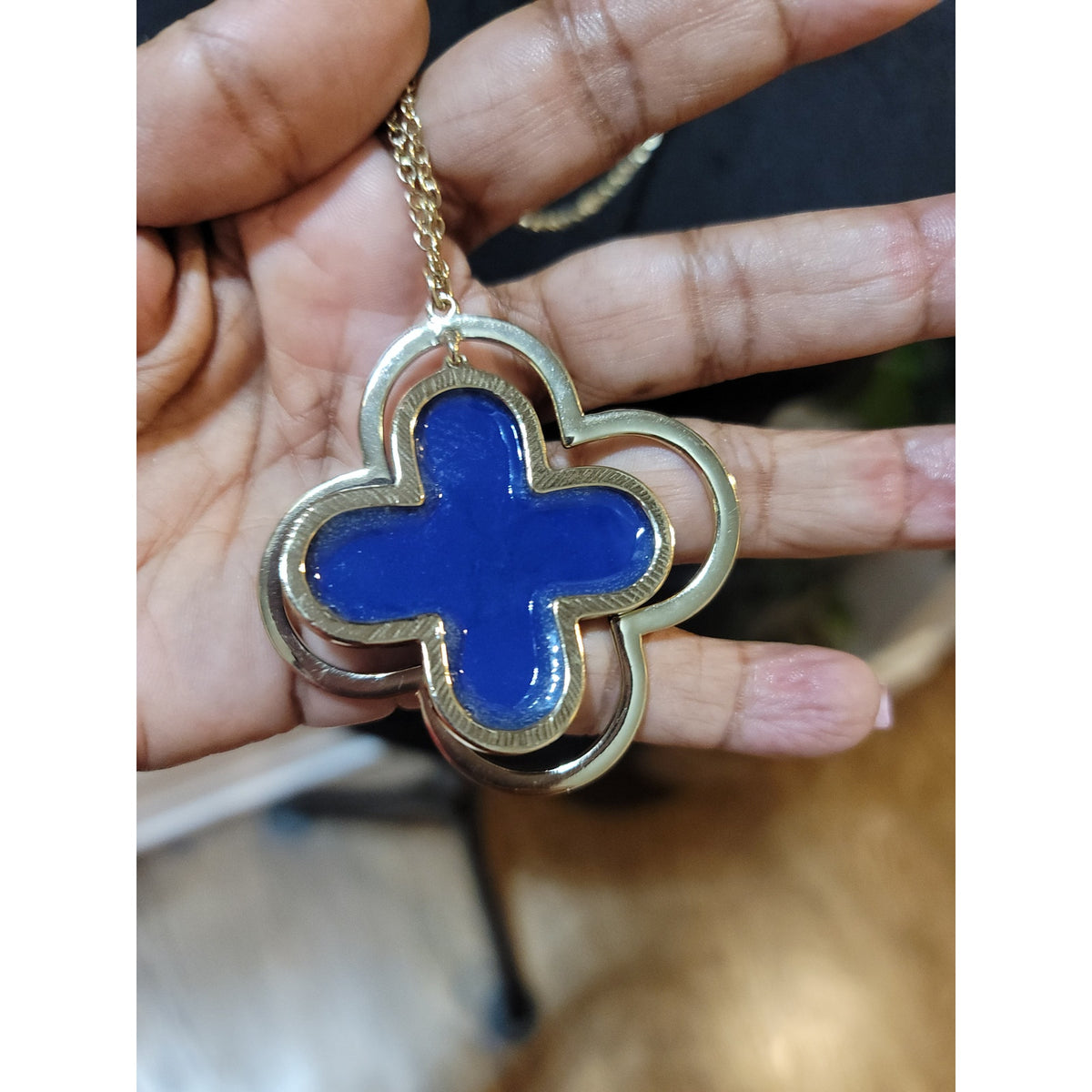 Women's Long Gold Chain Necklace Blue Clover Pendant With Lobster Clasp Lock