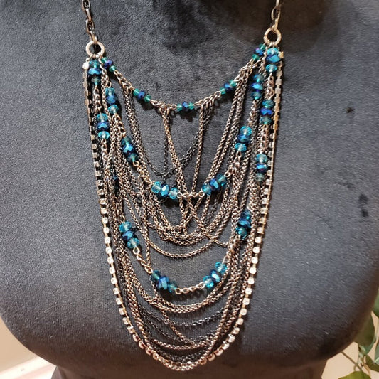 Womens Multilayer Aqua Glass Beaded & Chains Link Necklace with Lobster Clasp