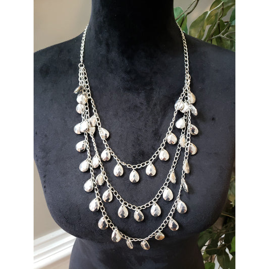 Women's Silver Multi-Strand Teardrop Dangle Necklace Statement Fashion Jewelry