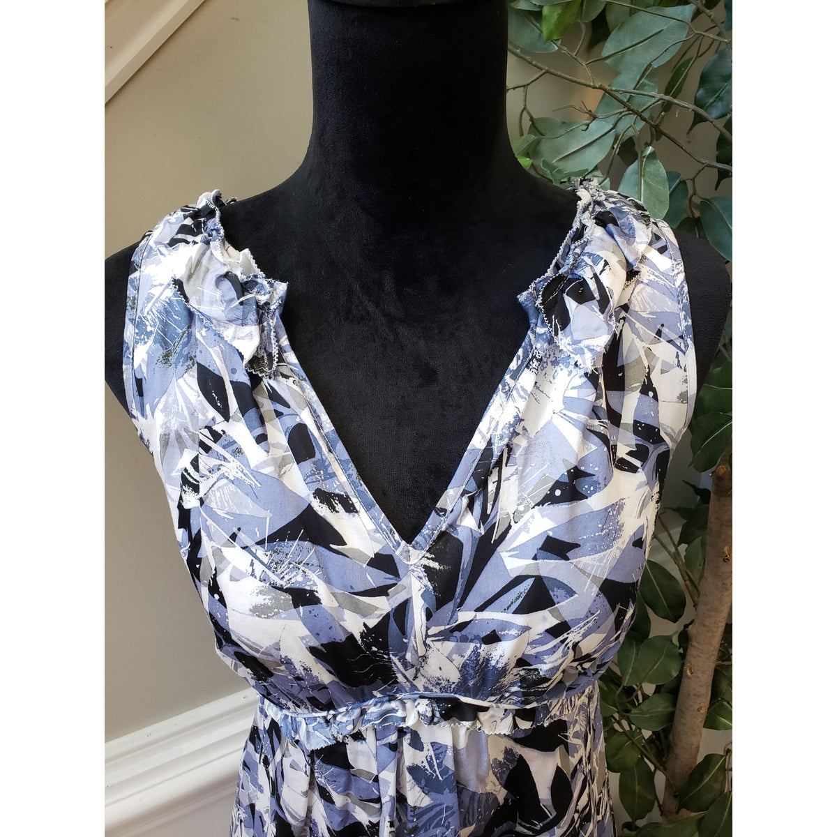 Alfani Fit & Flare Dress Womens Petite 10 Blue Ruffle Cotton Sleeveless V Neck