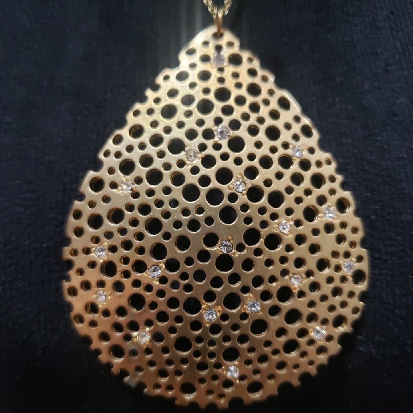 Women Fashion Chunky Rhinestone Beads Gold Tone Shaped Pendant Teardrop Necklace