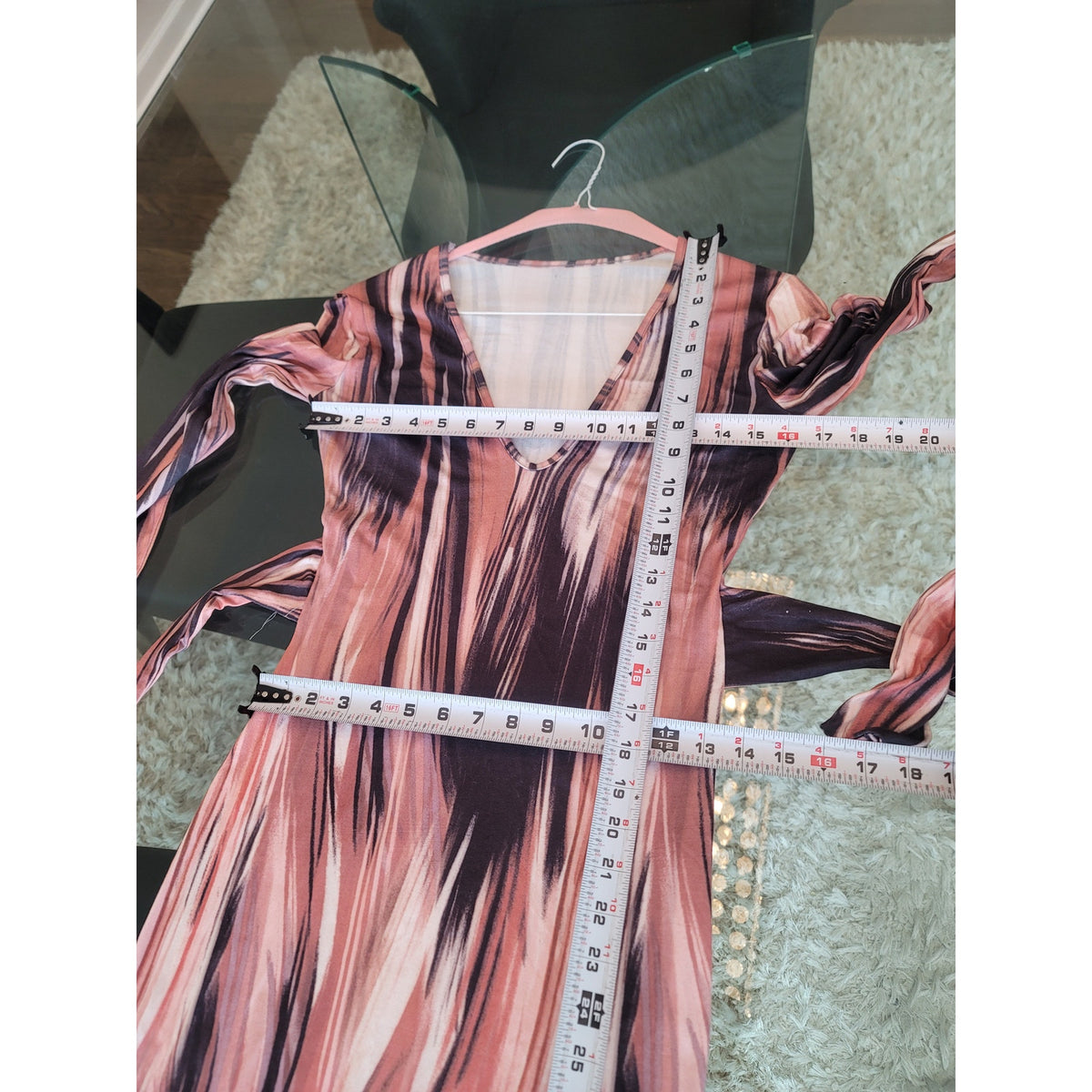 Printed Midi Dress Women's Size Small Navy Pink Polyester V Neck Long Sleeves