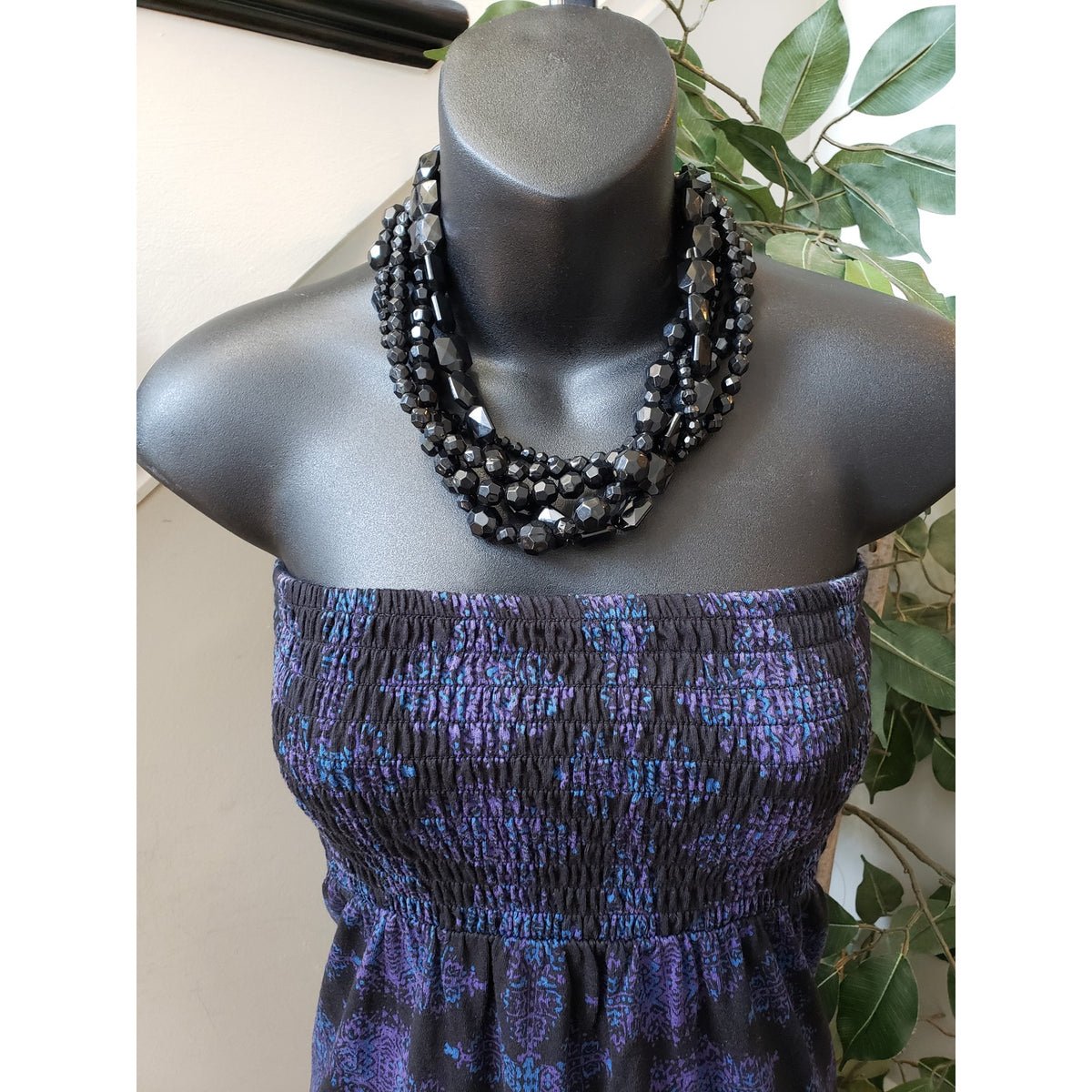 Gap Smocked Long Maxi Dress Women's Small Black Blue Geo Print Off The Shoulder