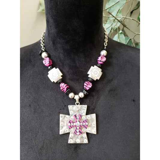 Womens Silver Tone Enamel Beads Metal Cross Pendant Necklace with Rhinestone