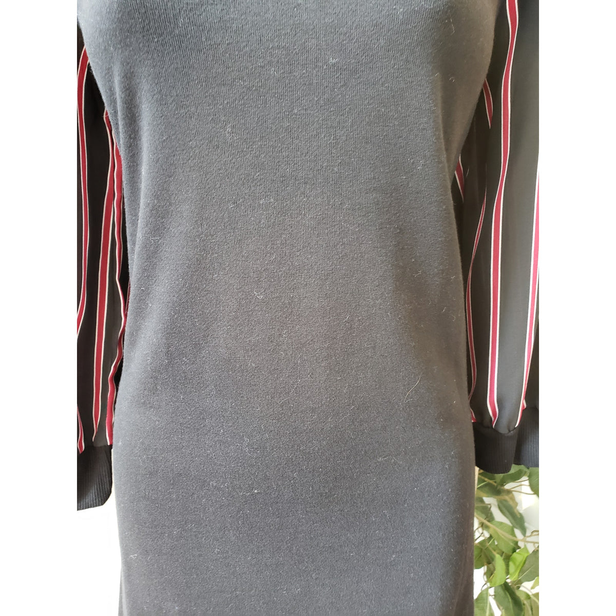Luxology Knee Length Shift Dress Womens Small Black Striped Cotton Round Neck