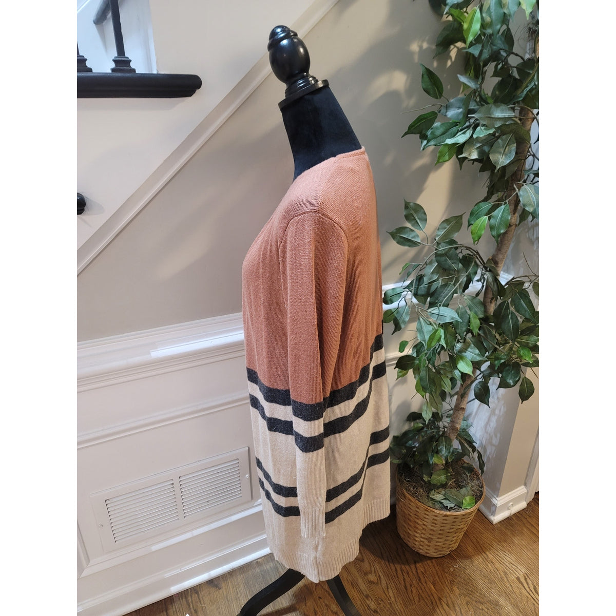 Doe & Rae Longline Cardigan Sweater Women's Small Multicolor Striped Open Front