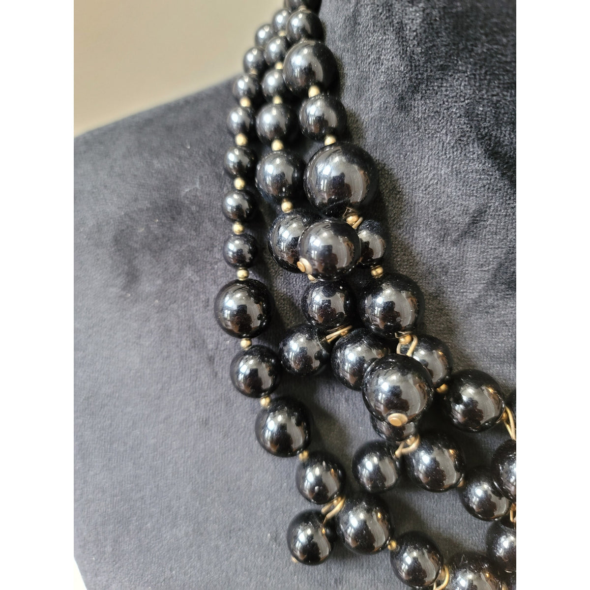 Women's Black Beaded Multi Strand Necklace With Gold Tone Hook Clasp Jewelry