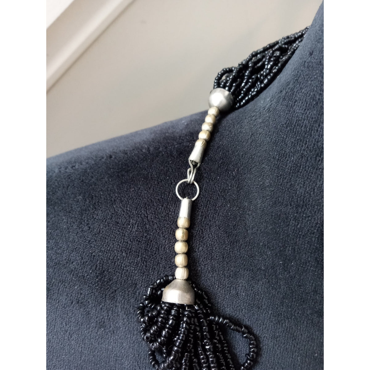 Black Multi Strand Seed Bead Necklace Twisted Tassel Statement Bib Collar