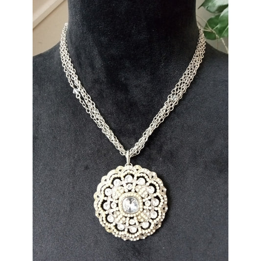White House Black Market Silver Tone Filigree Medallion Pendant Necklace