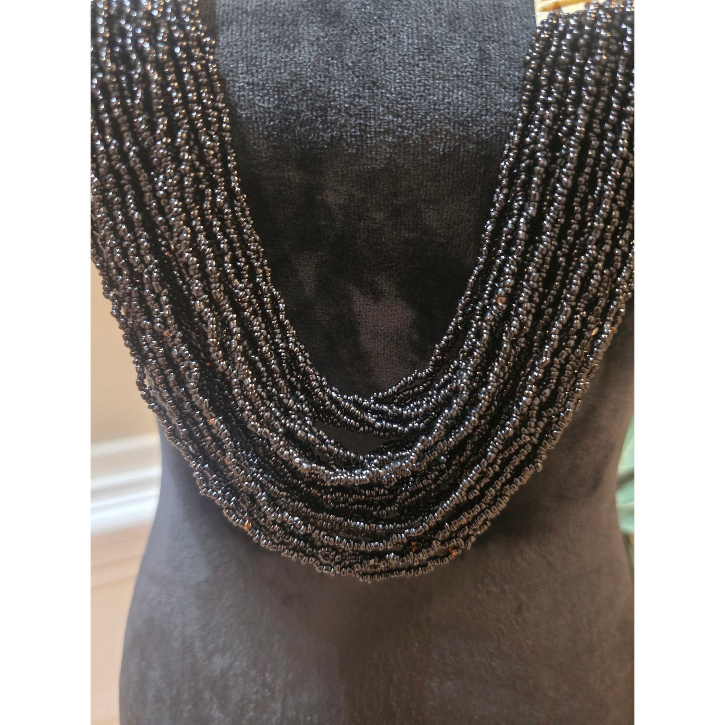 Women's Multi Strand Black Beaded Necklace With Gold Accents Lobster Claw Clasp