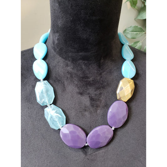 Women's Chunky Beaded Necklace Purple Blue Gold Faceted Toggle Clasp Statement