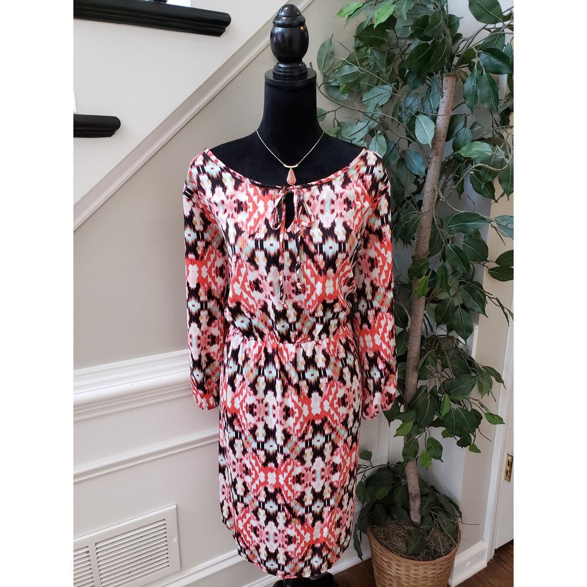 Uibar Rose Fit & Flare Dress Women's Size 2X Orange Beige Scoop Neck Long Sleeve