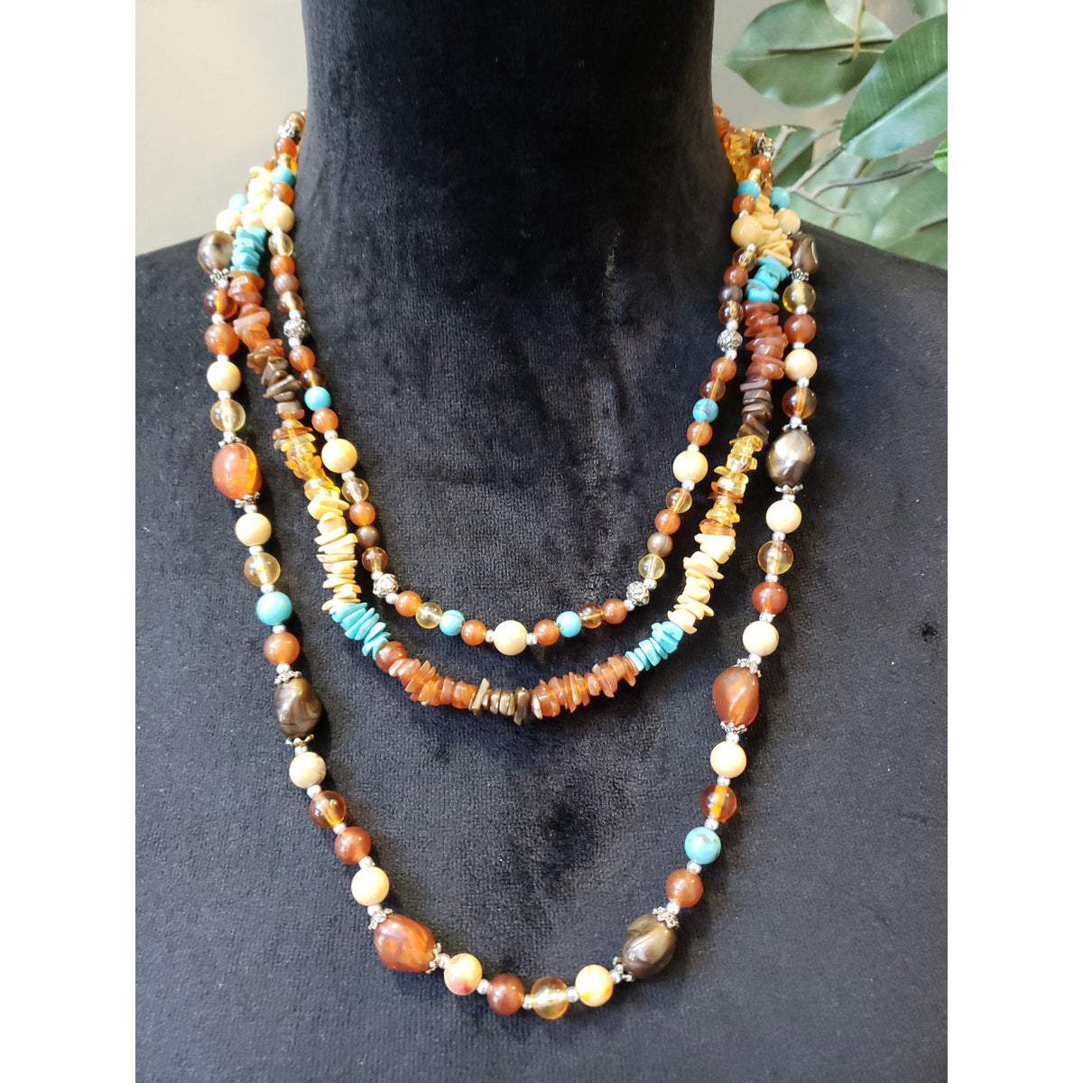 Women Multistrand Beaded Necklace Mixed Gemstones Turquoise Amber Look