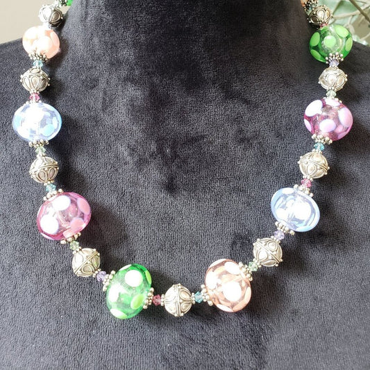 Womens Fashion Multi Glass & Gold Studded Bead Necklace with Round Toggle Clasp