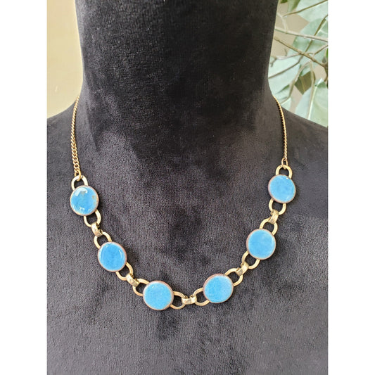 Womens Fashion Gold Tone Blue Bezel Rimed Stone Necklace Jewelry with Hook & Eye