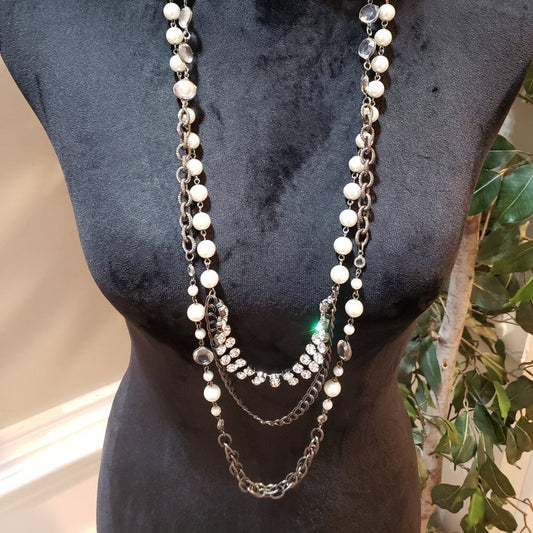 Womens Ivory & Clear Crystal & Pearl Beaded Necklace Jewelry with Lobster Clasp
