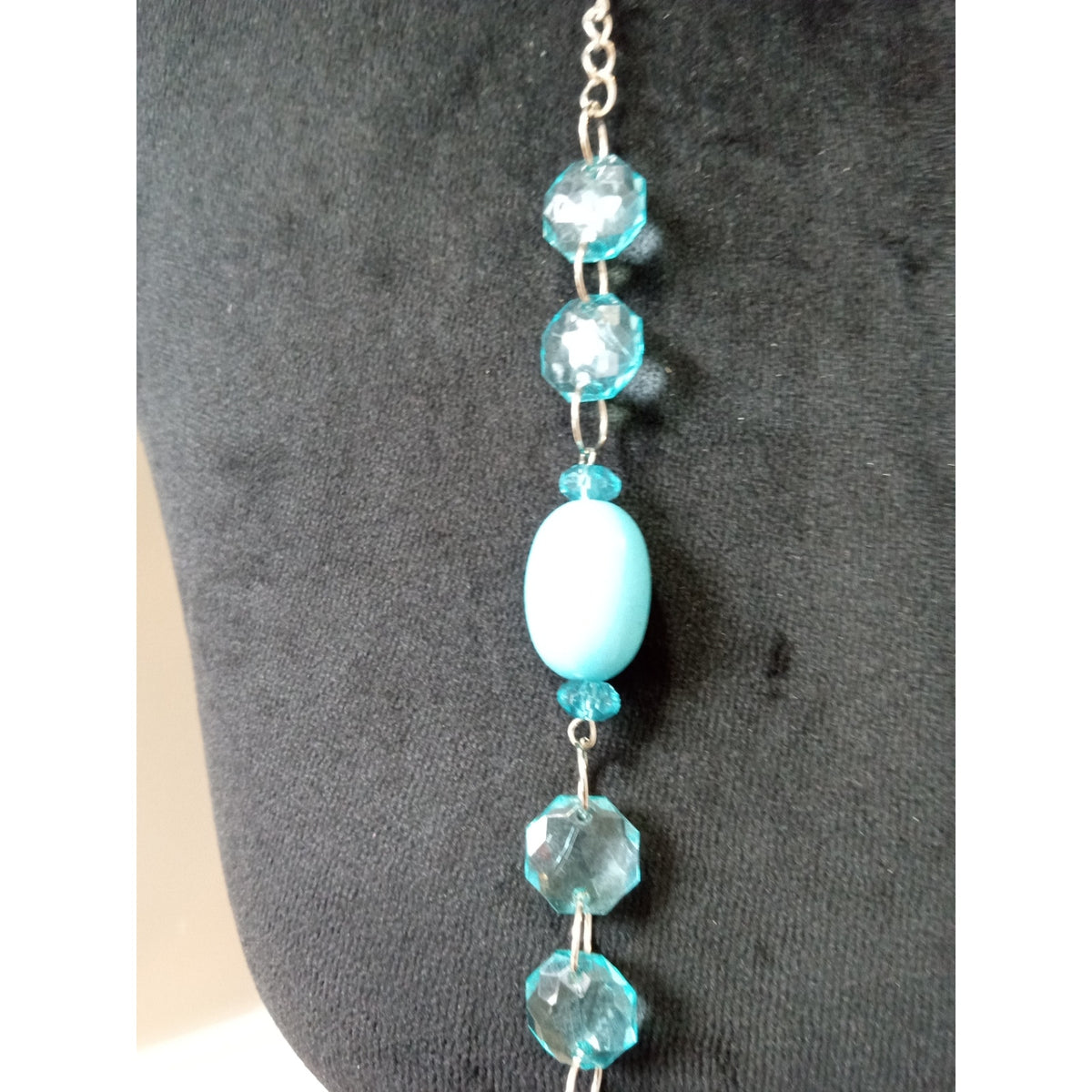 Long Turquoise Beaded Necklace Blue Glass Beads Silver Tone Boho Statement Set
