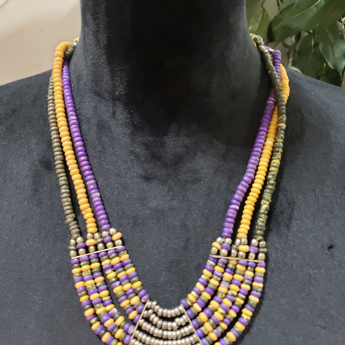 Womens Fashion Multi Rondelle Wood Bead Tibetan Bib Necklace with Pearl Clasp