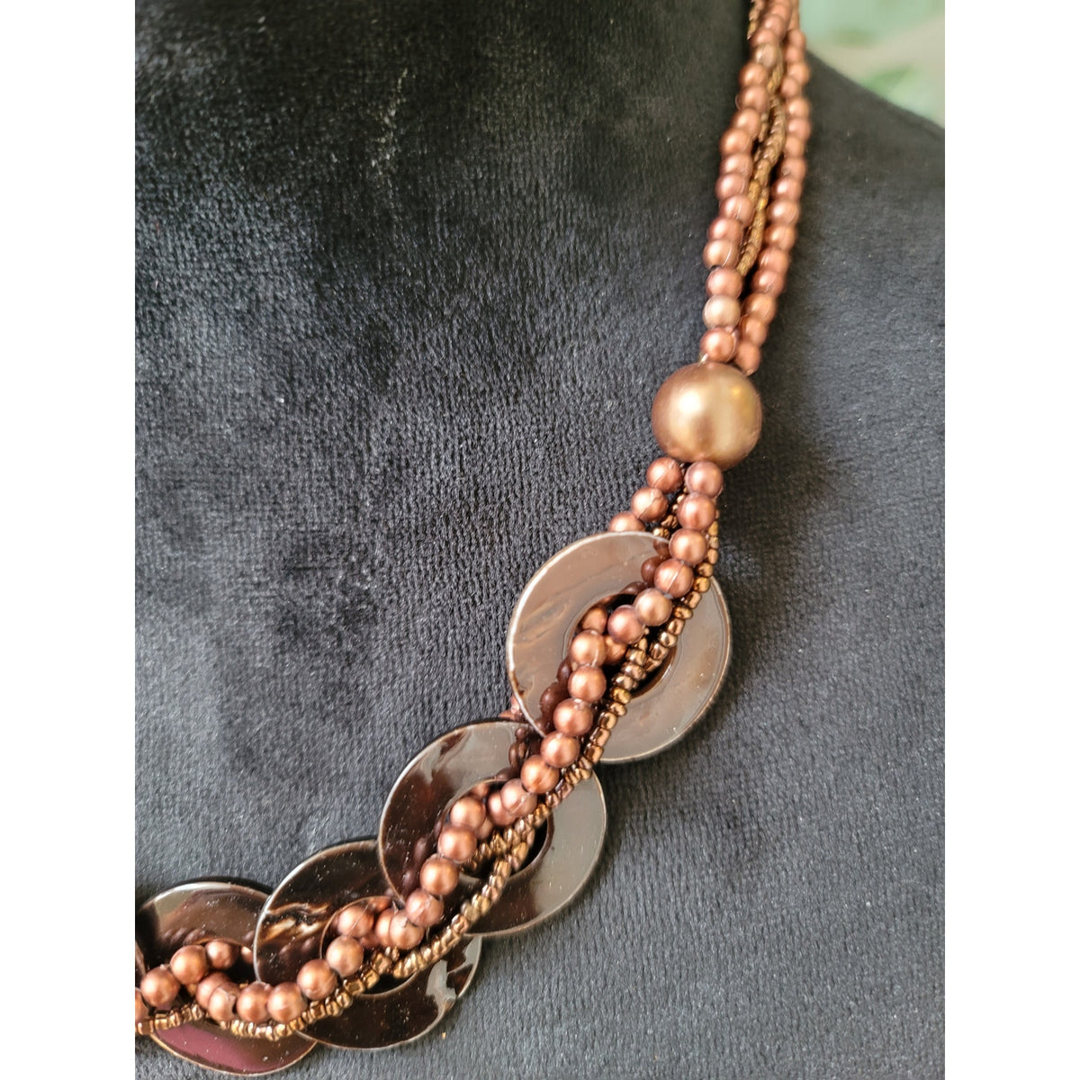 Women's Brown Beaded Statement Necklace With Lobster Clasp And Shell Discs