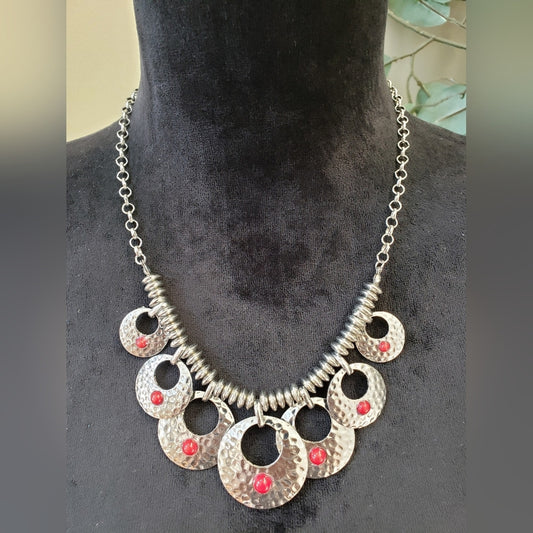 Womens Fashion Silver Tone Dangle Hammered Circle Necklace w/ Lobster