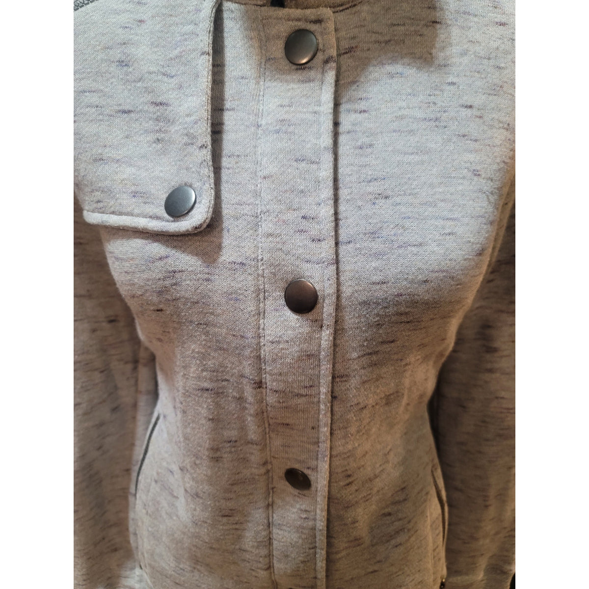 Cabi Sweatshirt Jacket Women's Large Gray Flecked Asymmetrical Zip Button Front