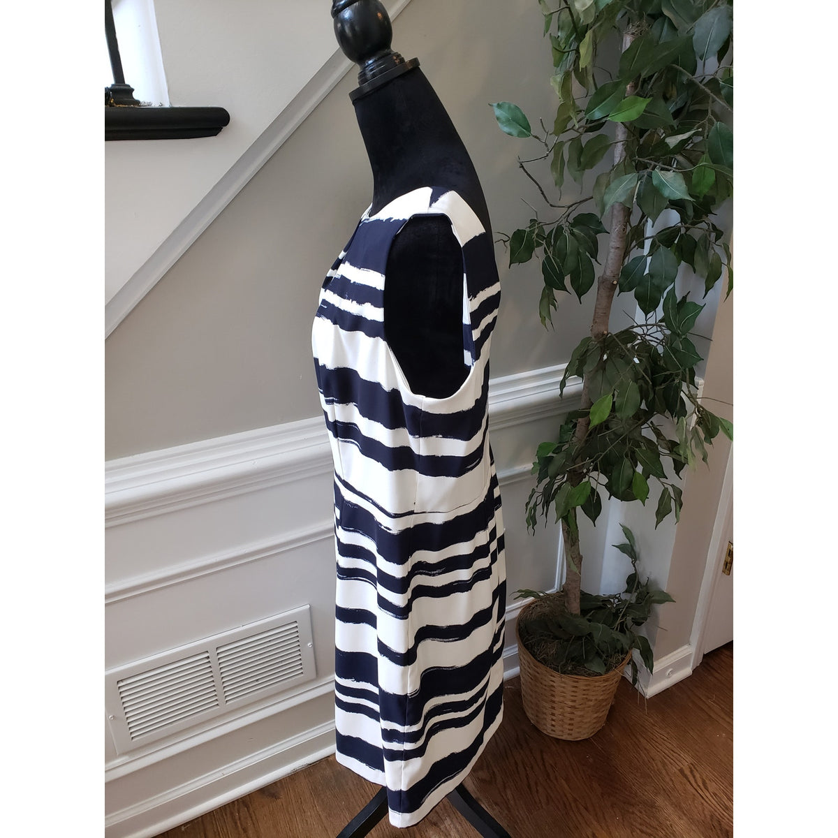 AB Studio Dress Women 16 Navy White Sheath Sleeveless Striped Career Stretch
