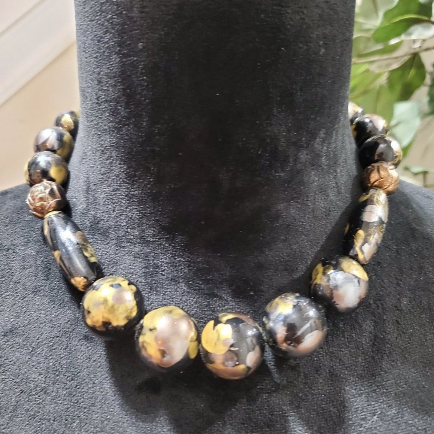 Womens Fashion Sculpted Orbs Black Gold Bead Bib Necklace with Spring Ring Clasp