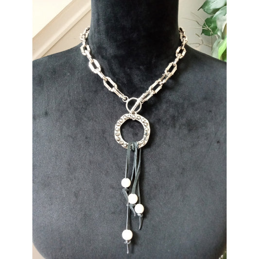 Silver Tone Chain Necklace Rhinestone Circle Pendant Black Tassel Statement