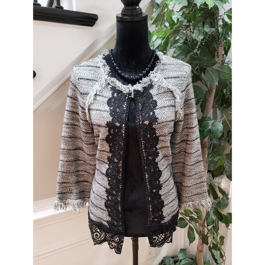 Chico's Women Gray Striped Cotton Long Sleeve Casual Pullover Jacket Size Medium