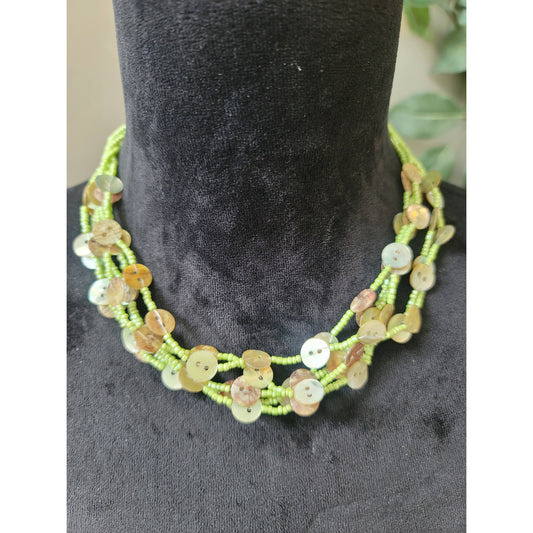 Handmade Multi-Strand Green Beaded Necklace with Natural Shell Discs