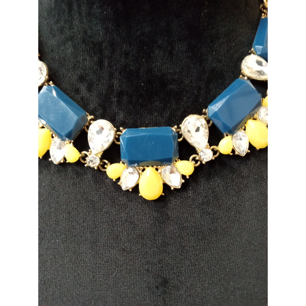 Blue Yellow Crystal Statement Necklace Gold Tone Rhinestone Bib Collar Necklace