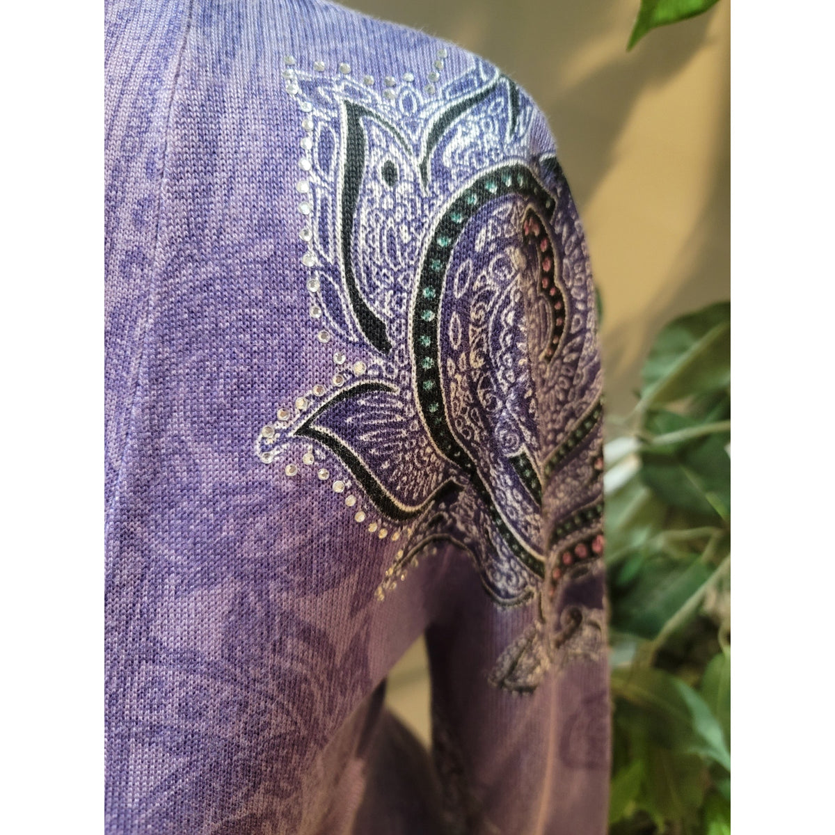 Chico's Cardigan Sweater Women's Size 1/M Purple Paisley V-Neck Long Sleeves