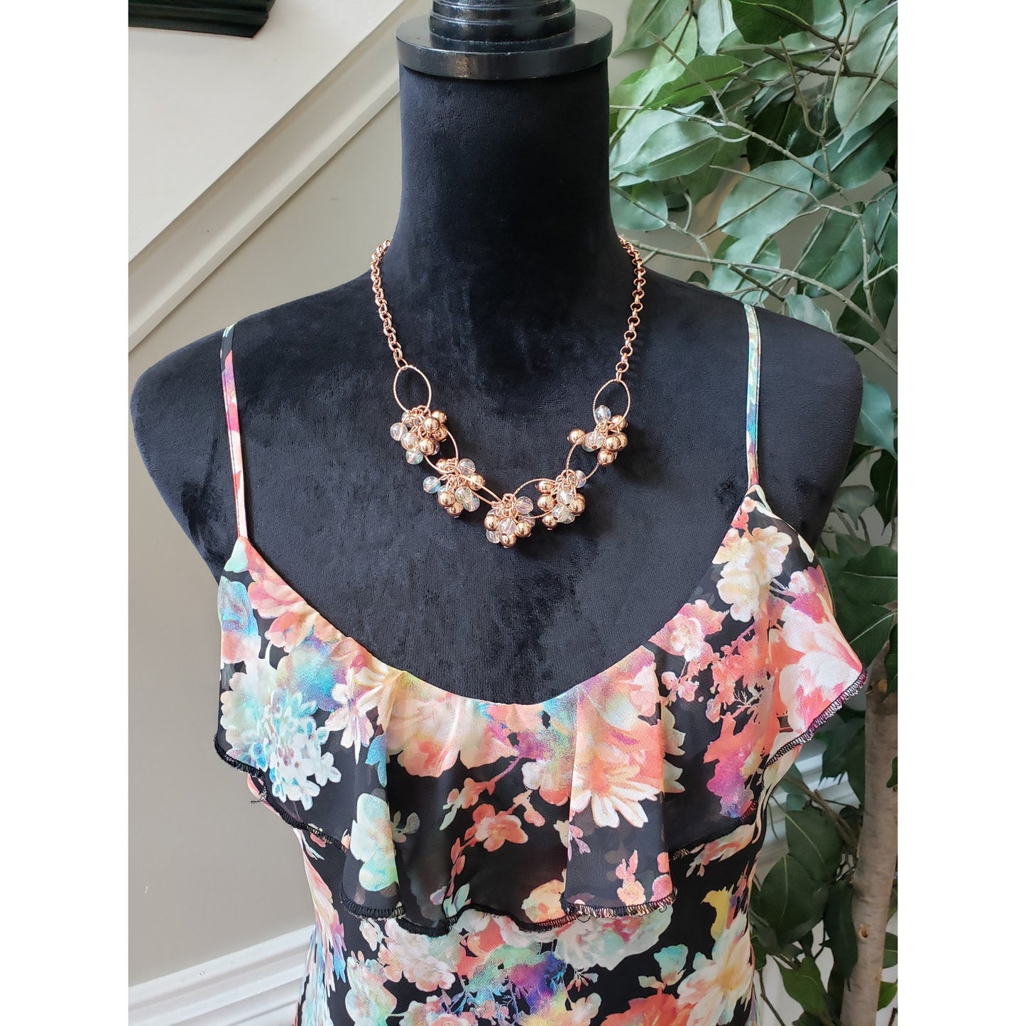 Mimi Chica Sheer Dress Womens Medium Black Floral Lined Ruffle Spaghetti Strap