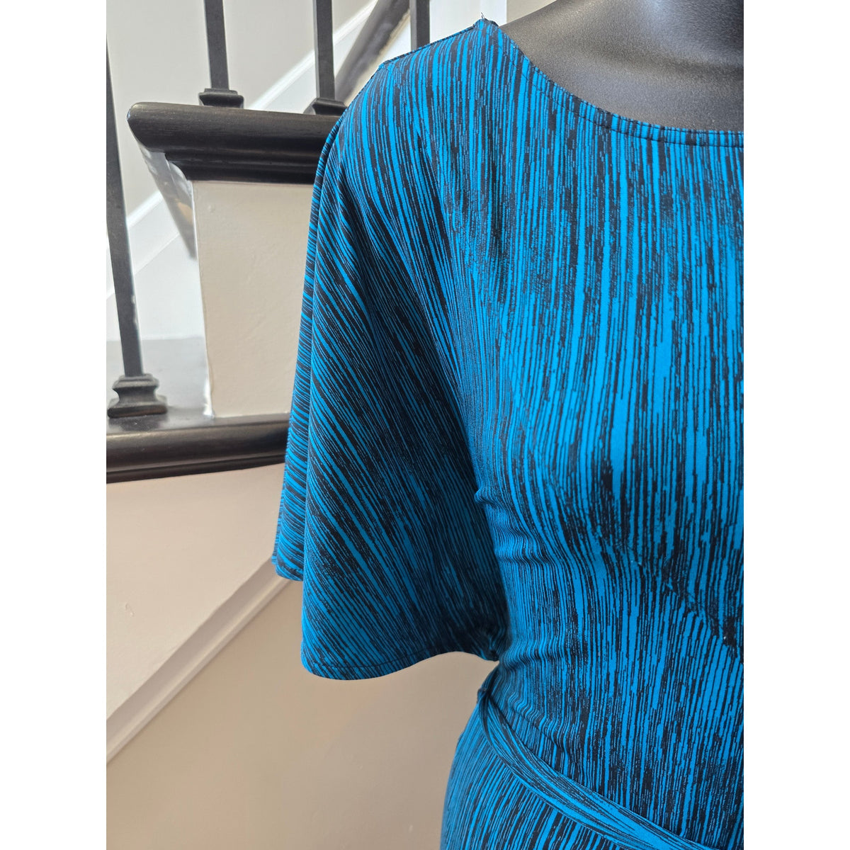 Worthington Stretch Dress Womens Small Blue/Black Space-Dye Waist-Tie One Sleeve