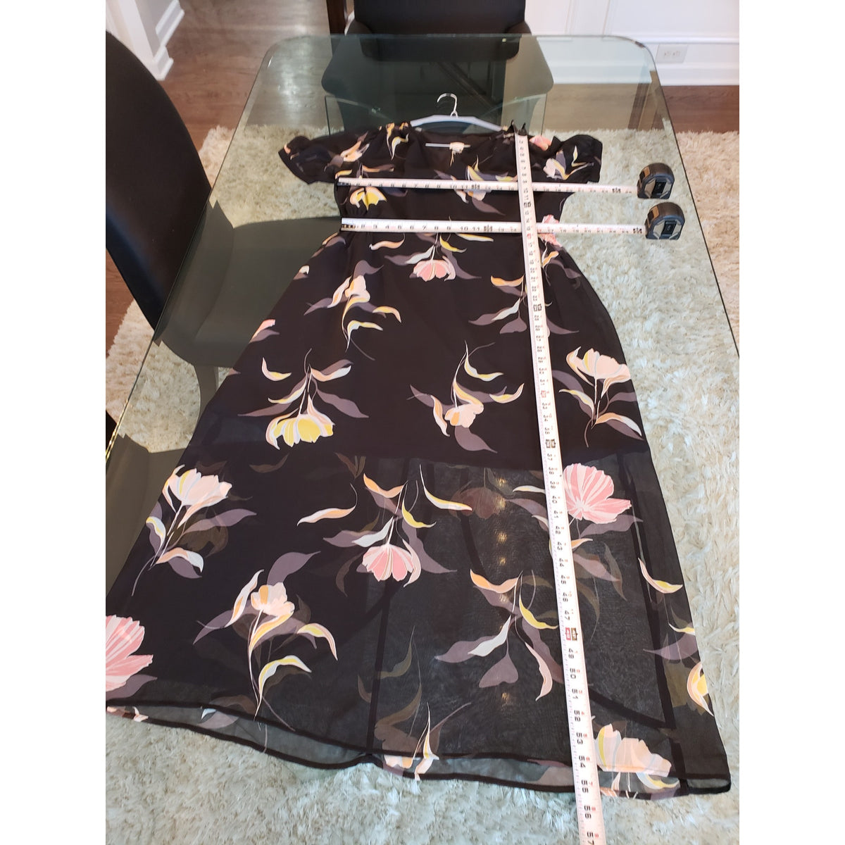 A New Day Long Maxi Dress Womens XL Black Floral Sheer Lined Short Sleeve V Neck