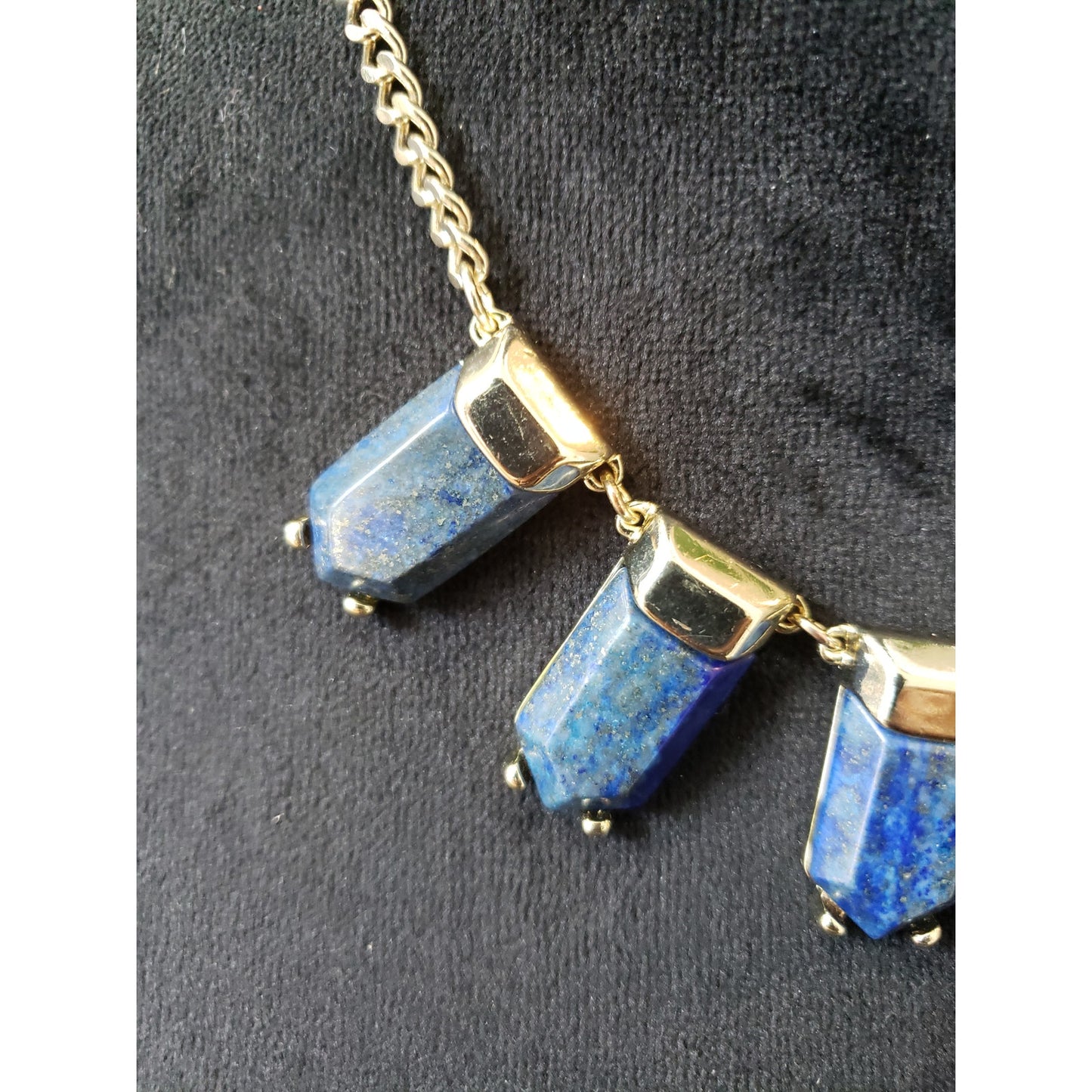 Vintage Lapis Blue Gold Tone Necklace Geometric Stone Link Chain Statement
