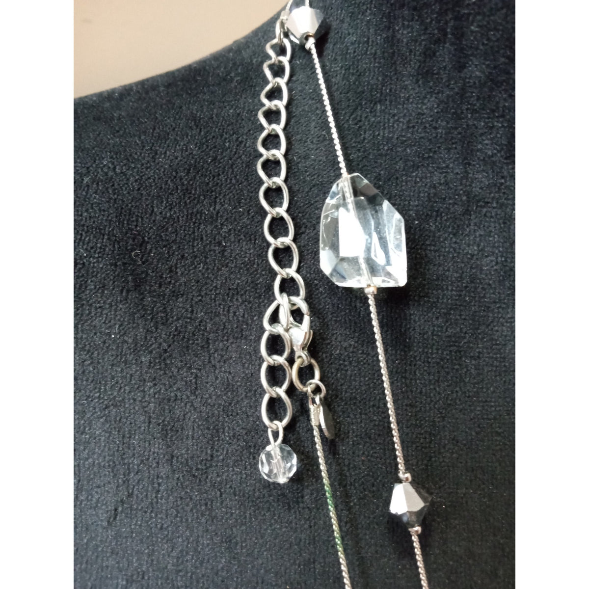 Long Strand Silver Tone Faceted Crystal Geometric Bead Statement Necklace