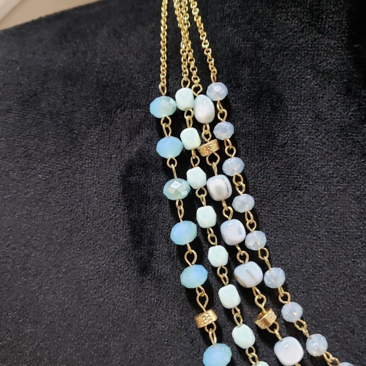 Womens Turquoise Beads Metallic Gold Cord Necklace with Earrings