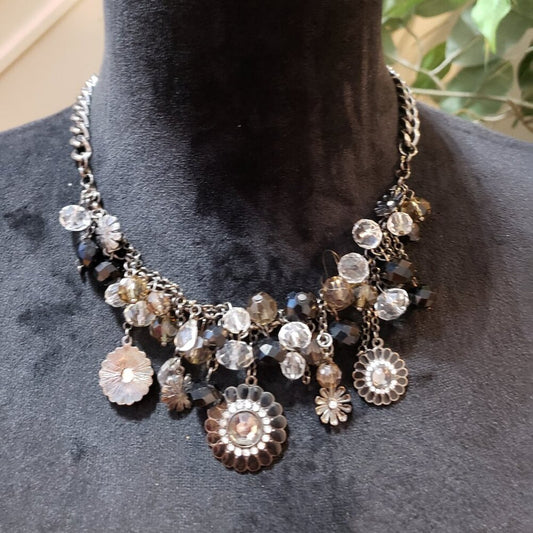 Womens Fashion Black Clear Crystal Silver Tone Chain Necklace with Lobster Clasp