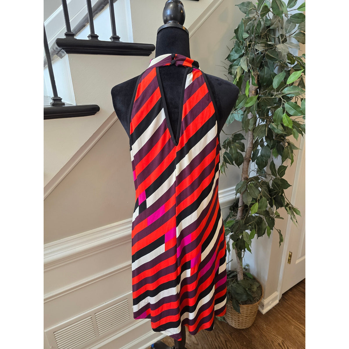 Boston Proper Sheath Dress Women's SZ 12 Multicolor Striped Keyhole Halter Neck